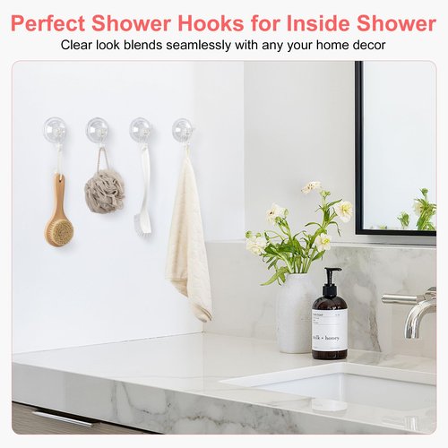 ANDGOO Large Suction Cup Hooks for Shower, Removable Shower Hooks, Heavy Duty Towel Hook for Bathrooms Robe Looafh, Strong Suction Double Hooks for Glass Window Door Mirror Tile (Clear, 4 Pack)