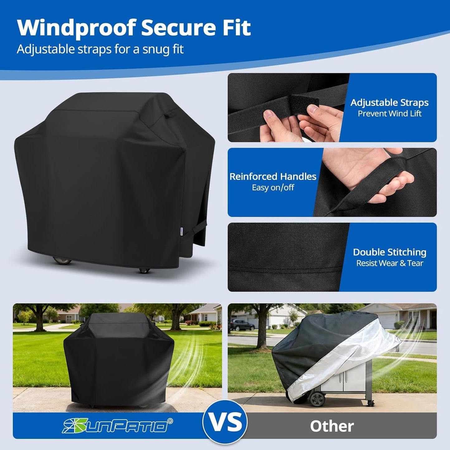 SunPatio Grill Cover - 55 Inch Heavy Duty Waterproof Barbecue Cover | UV & Fade Resistant, All-Weather Protection for Weber, Charbroil, Nexgrill, Kenmore Grills - Black