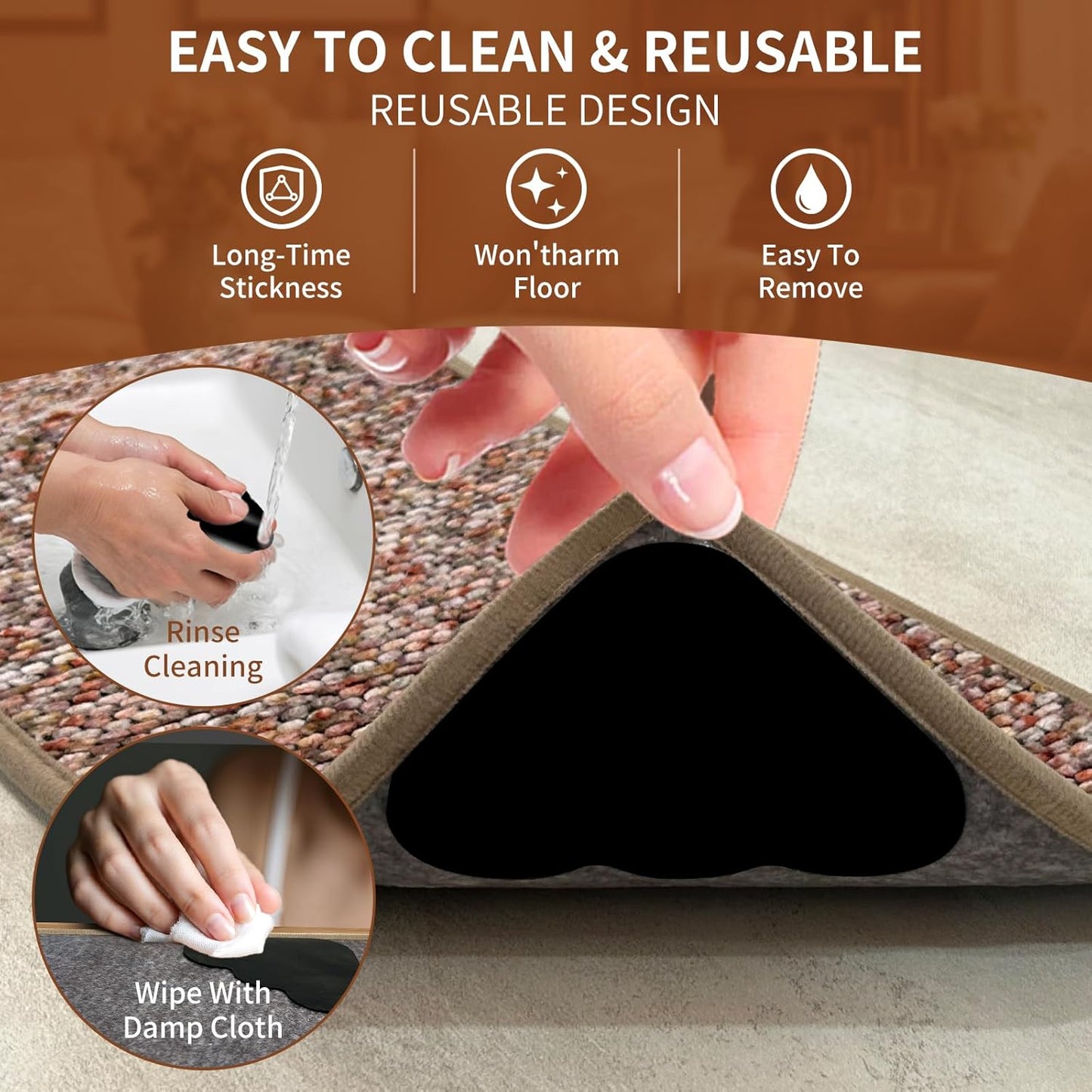 Skiennix Non-Slip Rug Grippers - Dual-Sided Adhesive Pads to Keep Corners Flat | 8 Reusable & Washable Pads for Hardwood Floors and Tiles