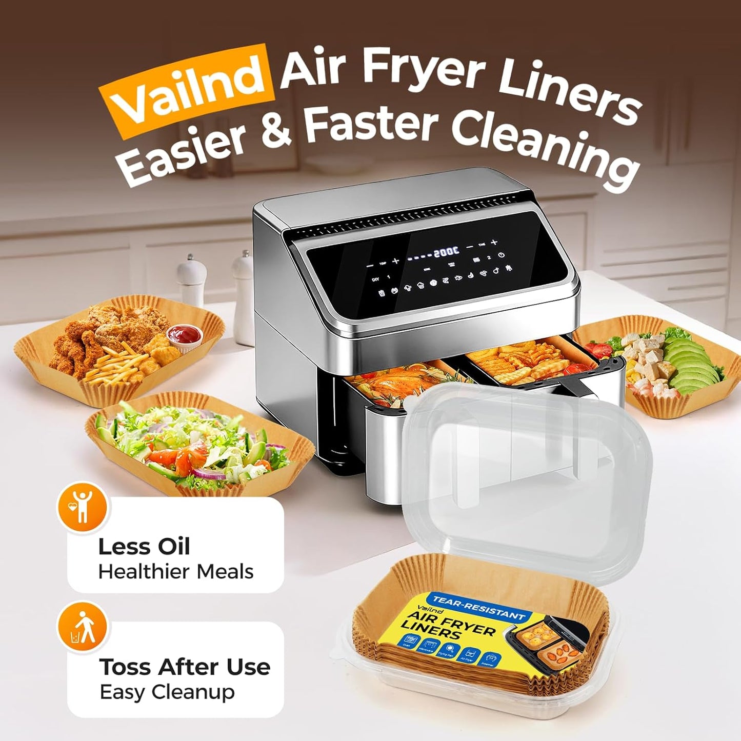 Vailnd Disposable Air Fryer Liners - 250 Pcs Rectangular Parchment Paper for Ninja & Chefman 2-Basket Air Fryers - 8x5.5 Inch