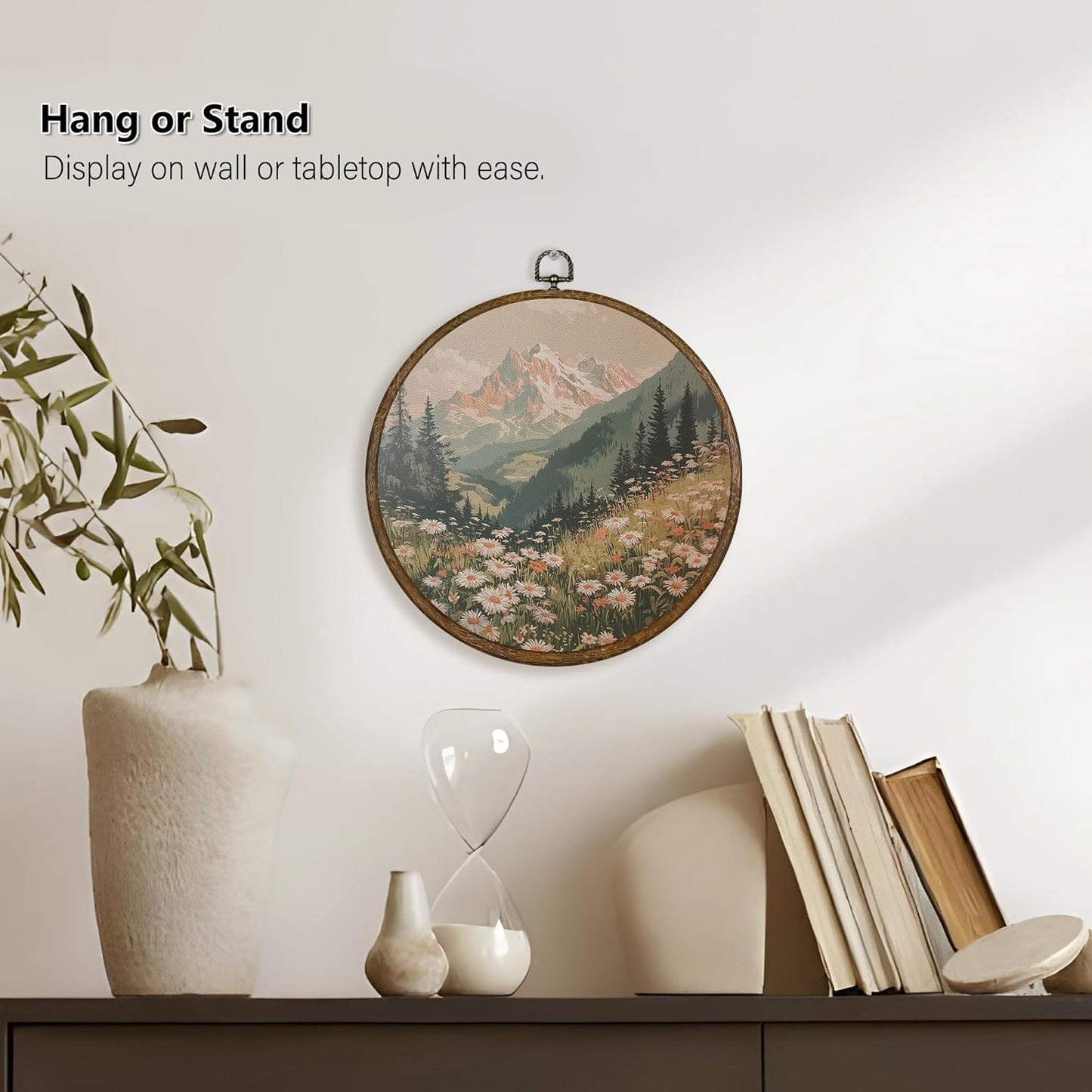 Qskjre Boho Wall Art - Vintage Mountain Flower Landscape Canvas Print | 10x10in Round Wood Frame