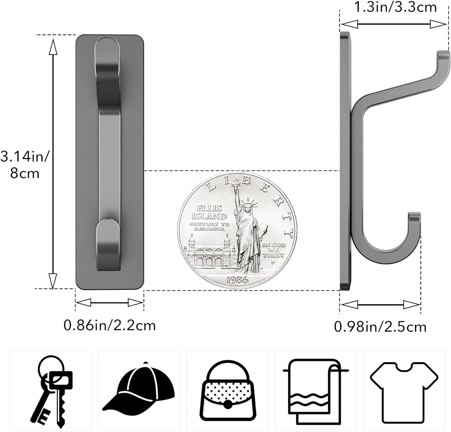 Pickpiff Wall Hooks - 13LB Strong Adhesive Coat & Towel Hangers | Grey 4-Pack for Easy Organization