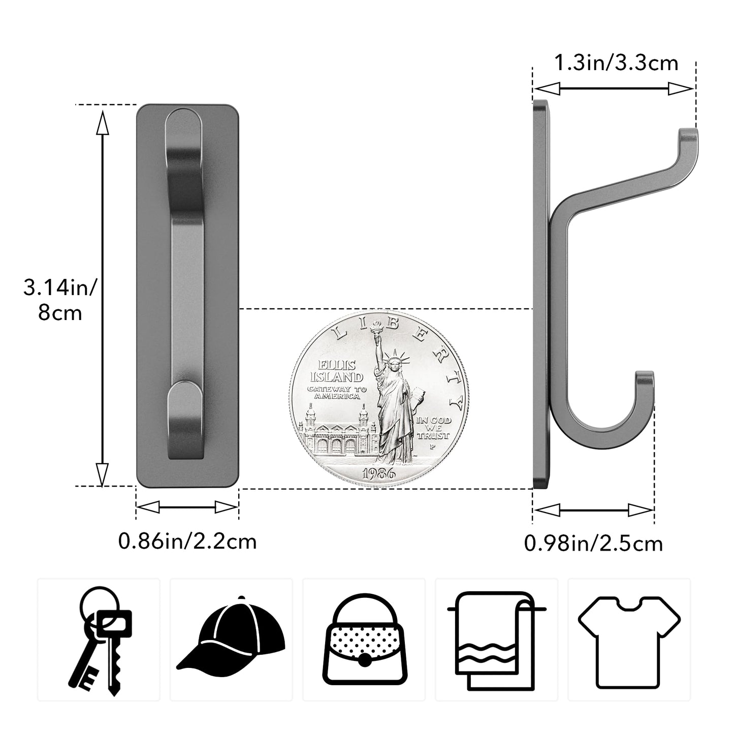 pickpiff Wall Hooks for Coat and Towel: 13LB Strong Adhesive Door Hanger Stick on, Grey 4 Pack