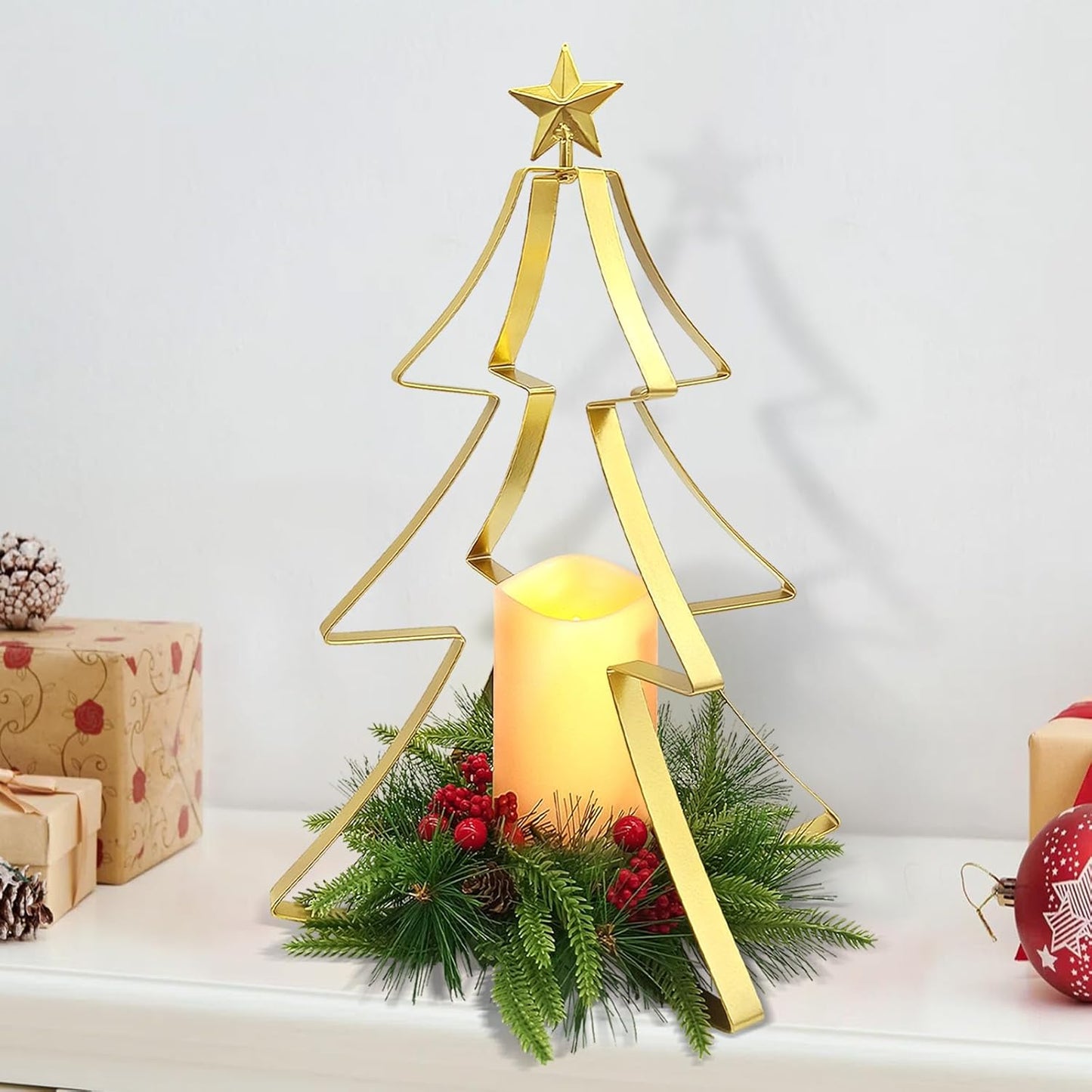 Regine Switzerland Christmas Table Centerpiece - Metal Tree Candle Holder with Battery Operated Light & Red Berries Decor