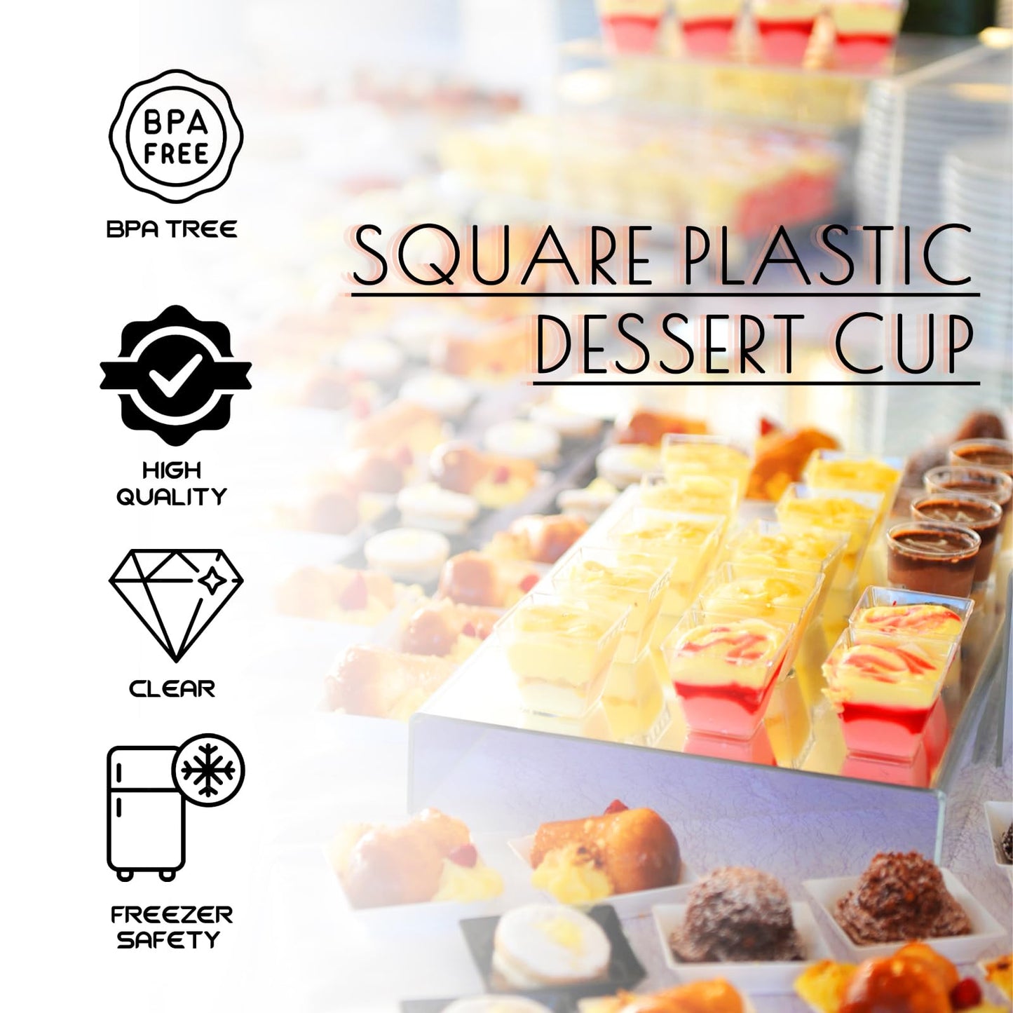 Jnnzzggu 100Pcs 3.5 oz Mini Dessert Cup with Spoons,Square Plastic Dessert Cups,Clear Parfait Appetizer Cup for Ice Cream,Birthday,Parties,Jellies,Nuts,DIY,Wedding