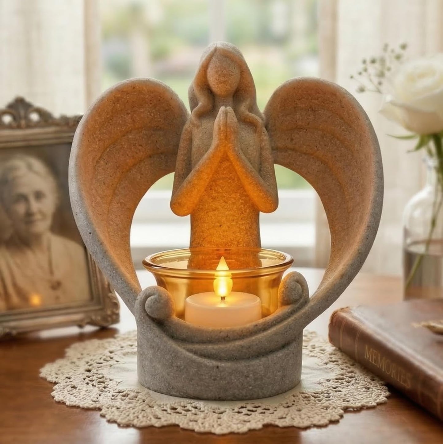OakiWay Memorial Candle Holder - Angel Figurine with Flickering LED Tealight | Sympathy Gift for Loss