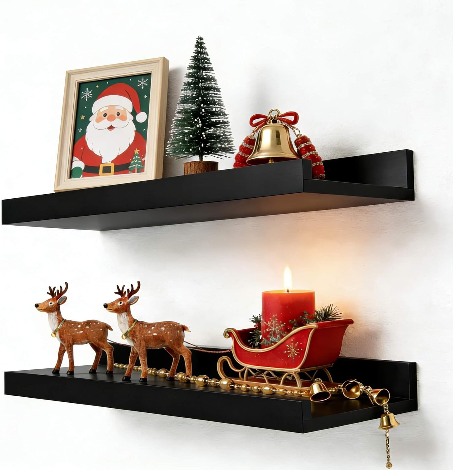 Skiennix Black Floating Shelves | Wall-Mounted Wood Storage for Bedroom, Living Room & More - Set of 2, 14 Inches