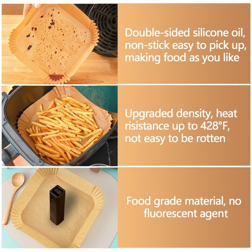 9 Inch Air Fryer Paper Liner Disposable, 200PCS Non-Stick, Oil-Proof & High-Temperature Resistant Square Baking Parchment Paper for Air Fryer, Microwave and Oven（Bottom Is 8 Inch）