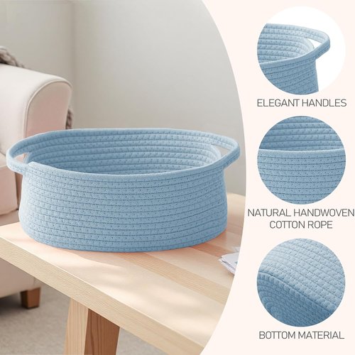 JMvicyroam Woven Basket - Small Rope Storage Bin with Handles for Organizing Shelves & Closets | Blue