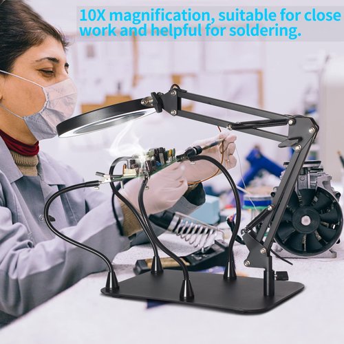 10X Magnifying Glass with Light and Stand, KUVRS Flexible Magnetic Helping Hands, Large Base & Clamp Magnifying Lamp, 3 Color Adjustable Arm Hands Free Magnifier with Light for Soldering Craft Hobby