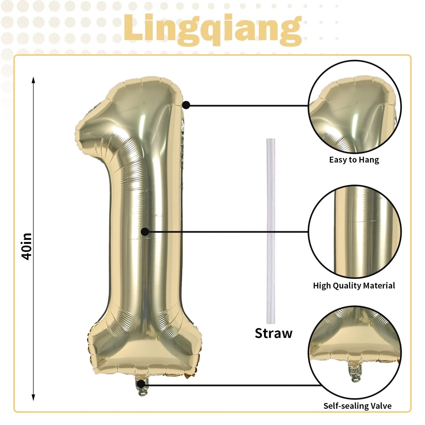 Champagne Gold Number 1 Balloons, 40 In Large Light Gold Number 1 Foil Helium Balloons for Girls Women, Self Inflating Number Balloons 0-9 for Men Boys 1st 10th Birthday Anniversary Party Decoration