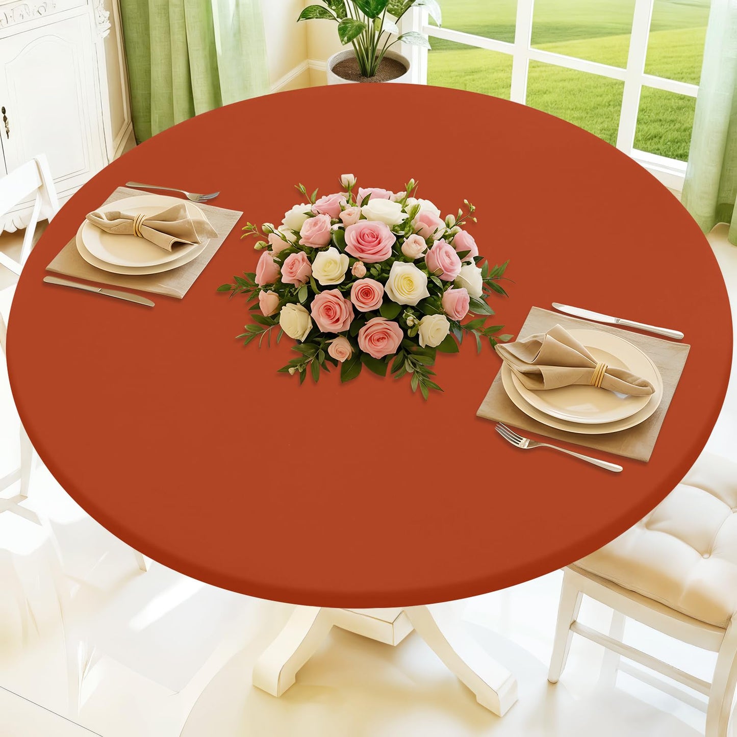 Moosfor Round Spandex Tablecloth, Elastic Fitted Waterproof Tablecloths for 57"-68" Tables, Stretch Washable Picnic Table Cover for Camping, Dining, Indoor and Outdoor, Rust
