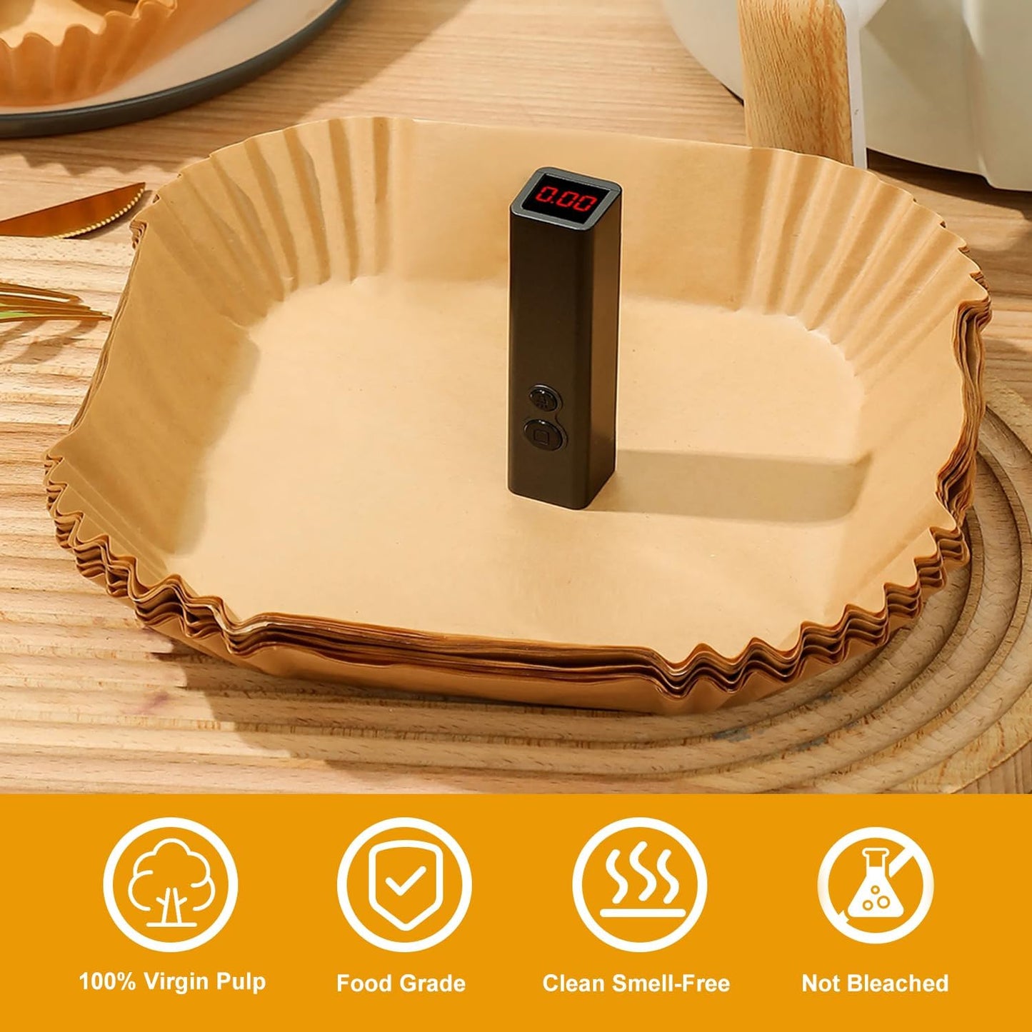 Skiennix Air Fryer Paper Liners - 100 Pcs Non-Stick Parchment for 7.9" Square Baskets | Food Grade Accessories