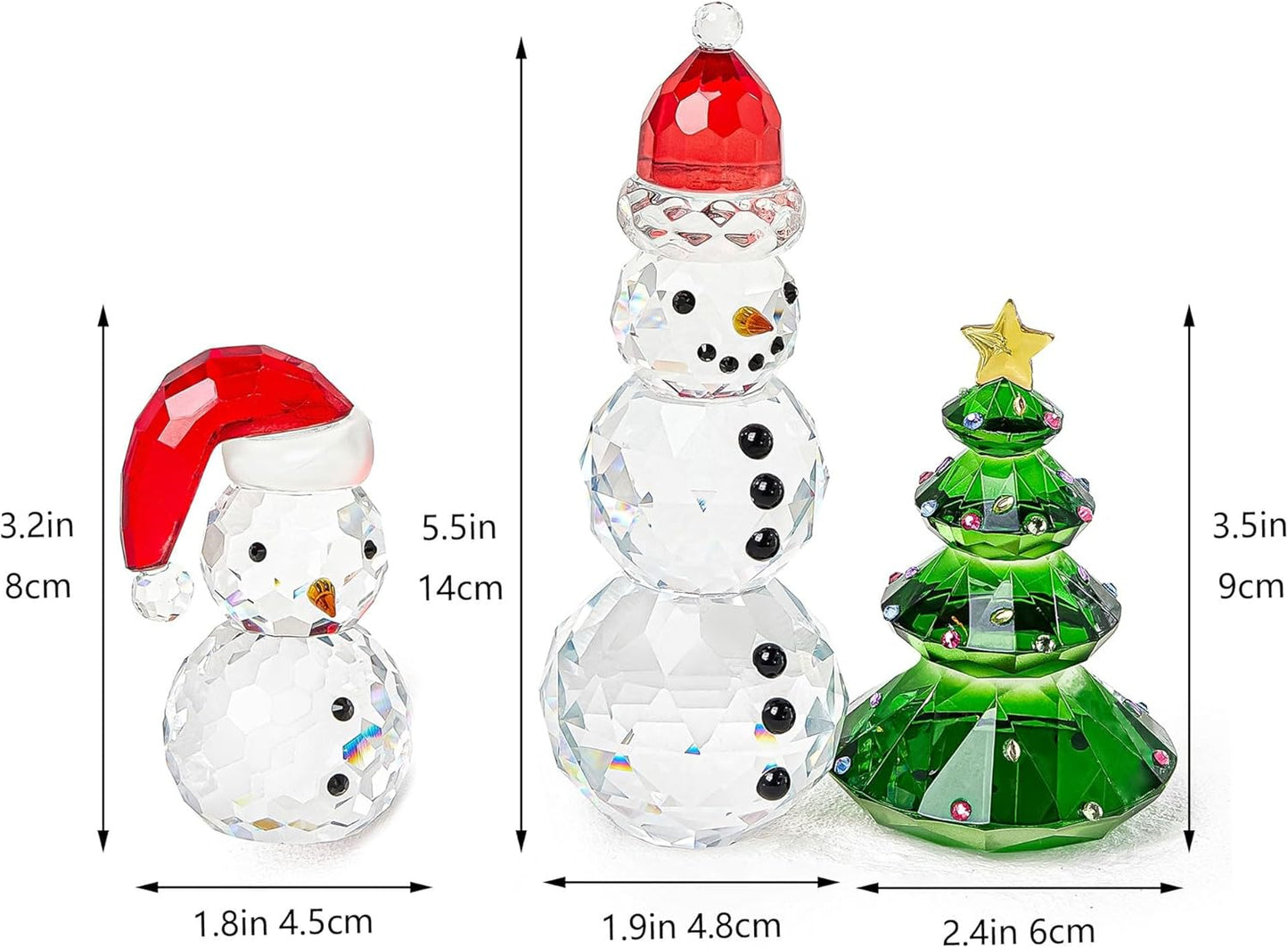 QFkris Crystal Snowman and Tree Figurines Set - Elegant Glass Christmas Decor | Small Tabletop Paperweights