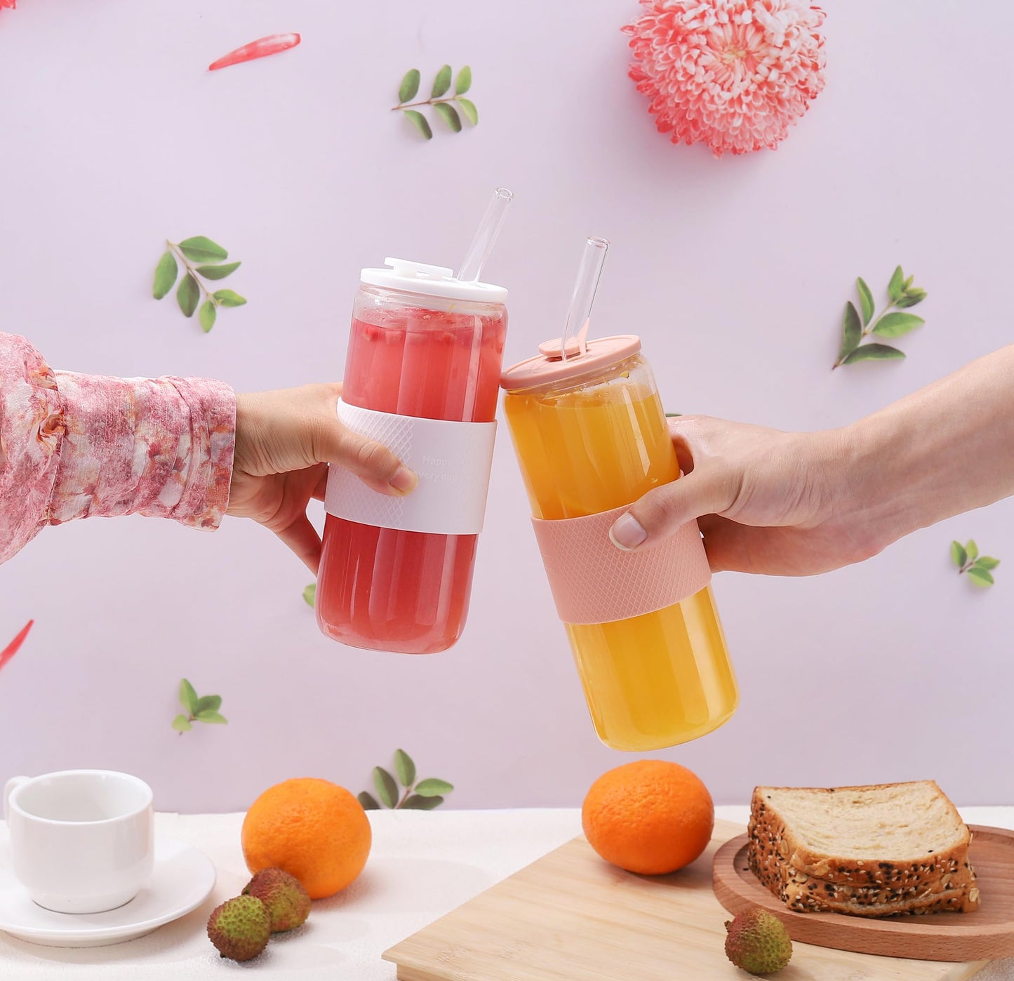 ASANMEYO 20oz Can Shaped Glass Cups with Silicone Lids and Glass Straw, 2PCS Drinking Glasses with Lids and Straws, and Silicone Sleeves, Beer Glasses, Iced Coffee Cups, Soda, Gift - Pink