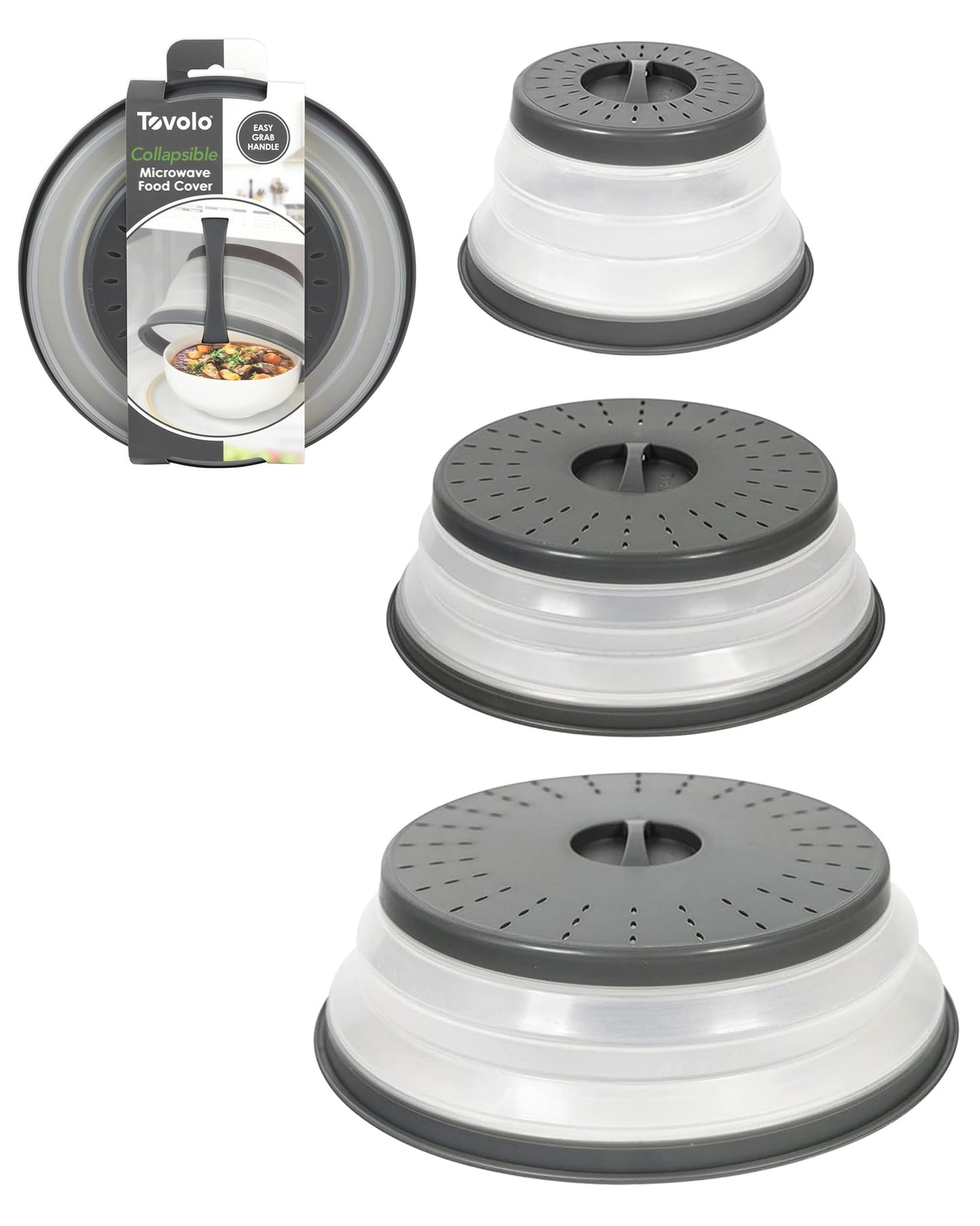 Tovolo Microwave Splatter Cover for Food, 3-Pack (Charcoal) - Collapsible & Vented Silicone Splatter Guard Lid - Microwave Plate & Dish Cover with Handle - BPA-Free Kitchen Gadget for Meal Prep