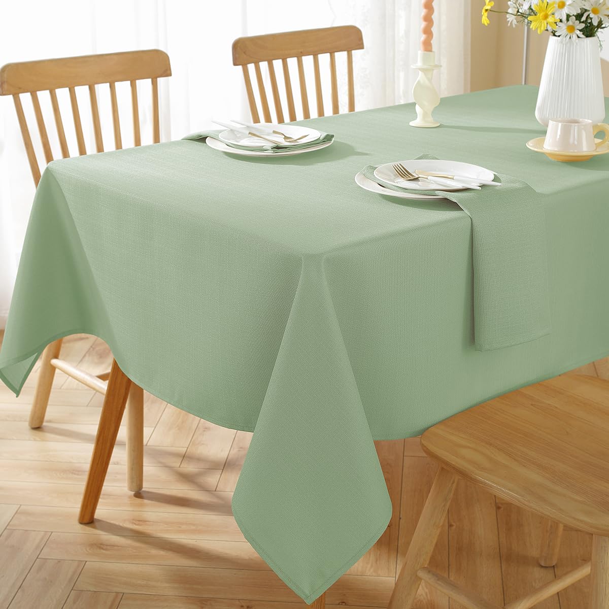 SASTYBALE Textured Rectangle Tablecloth Waterproof Wrinkle Free Fabric Table Cloth, Faux Linen Polyester Table Cover for Dining/Party/Picnic/Indoor/Outdoor (52 x 70 Inch Rectangular, Sage Green)