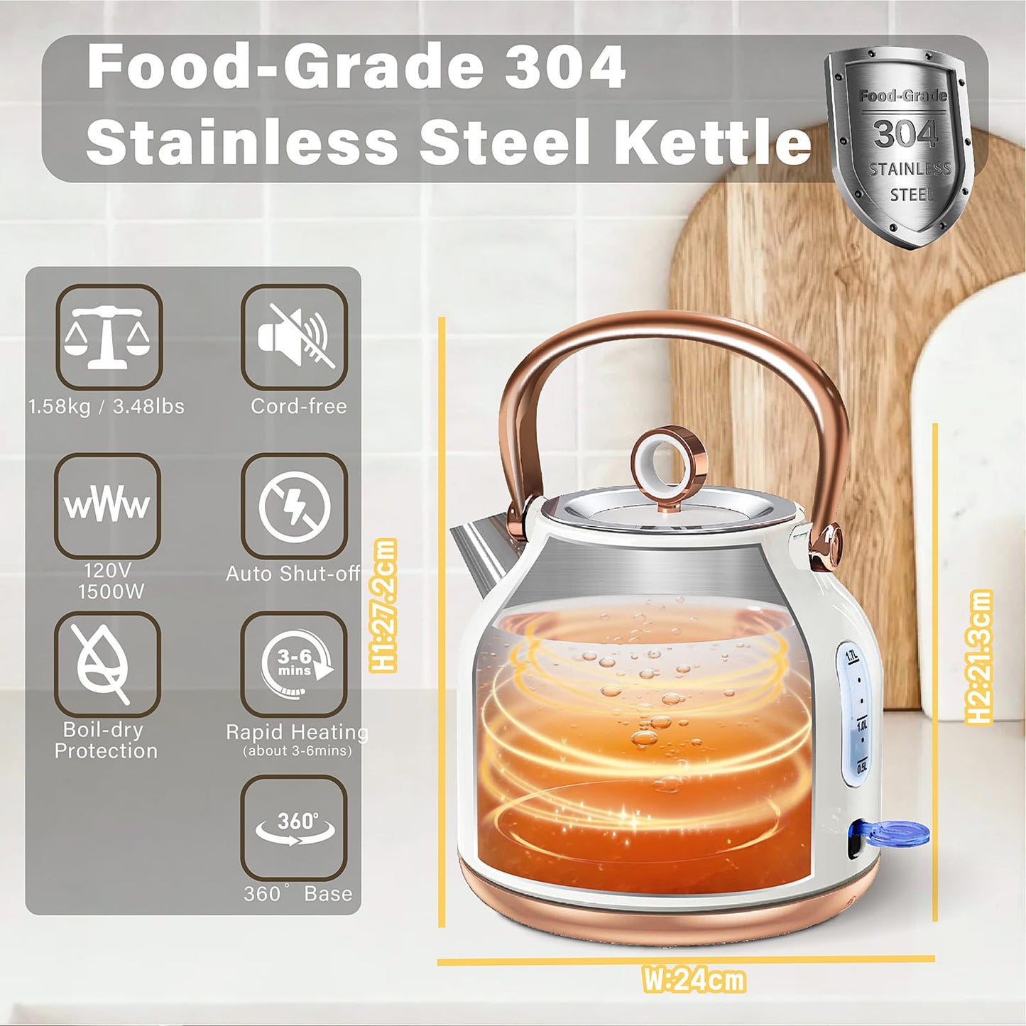 Retro Electric Kettle, 1.7L Stainless Steel Tea Kettle with Large Temperature Gauge, 1500W Fast Heating Hot Water Boiler with LED Indicator, Auto Shut-off & Boil-Dry Protection-Reteo White