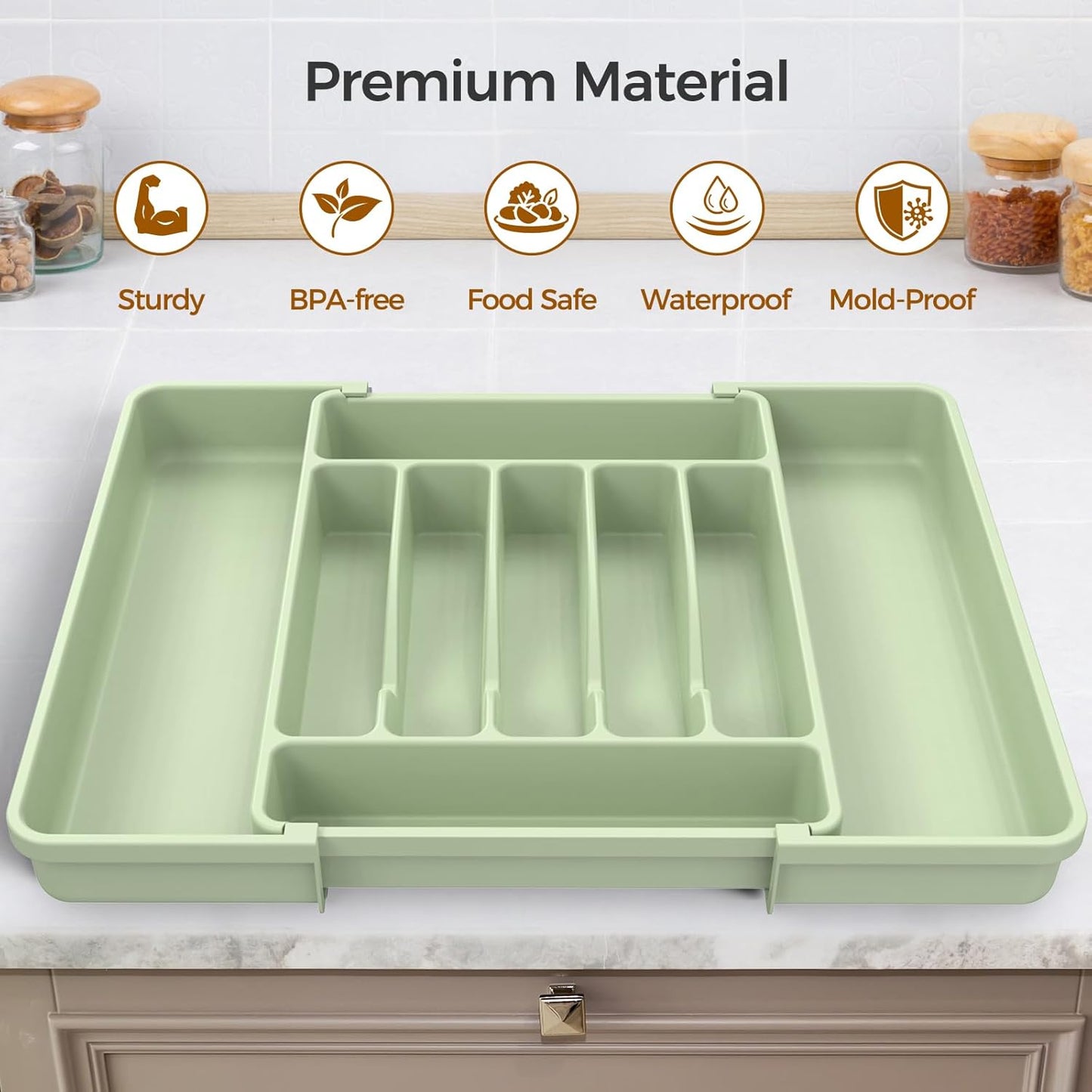 Ukeetap Extra Large Expandable Silverware Organizer - BPA-Free Cutlery Drawer Holder | Adjustable Green Design