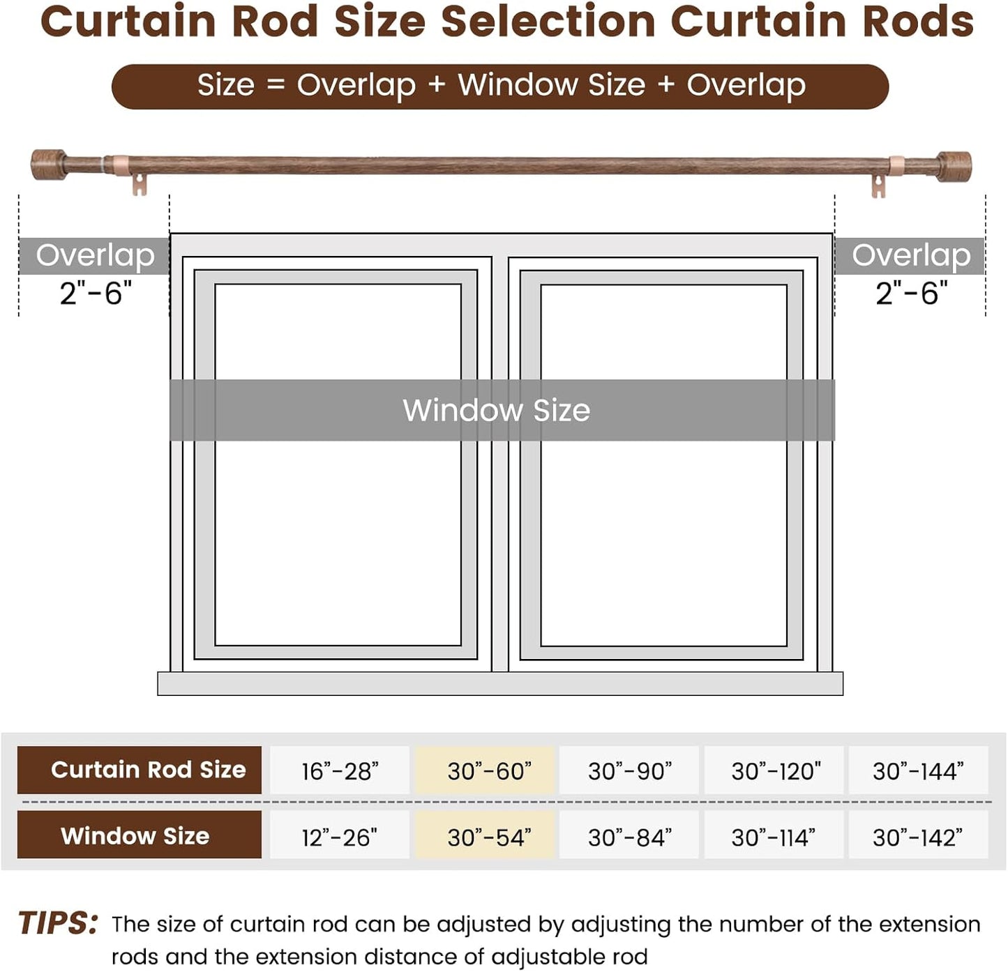 Skiennix Adjustable Curtain Rod - Heavy Duty 30-60 Inch, Matte Wood Grain Finish, 1" Diameter