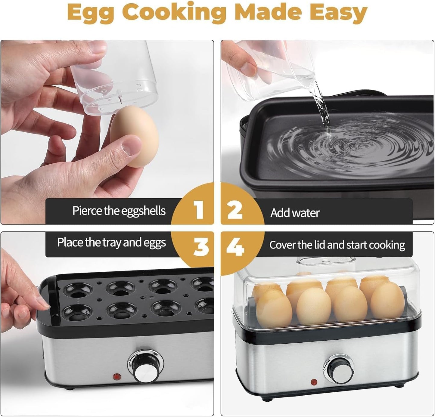 Skiennix Electric Egg Cooker - Rapid 8 Egg Capacity for Hard Boiled, Poached, Scrambled Eggs | Auto Shut Off