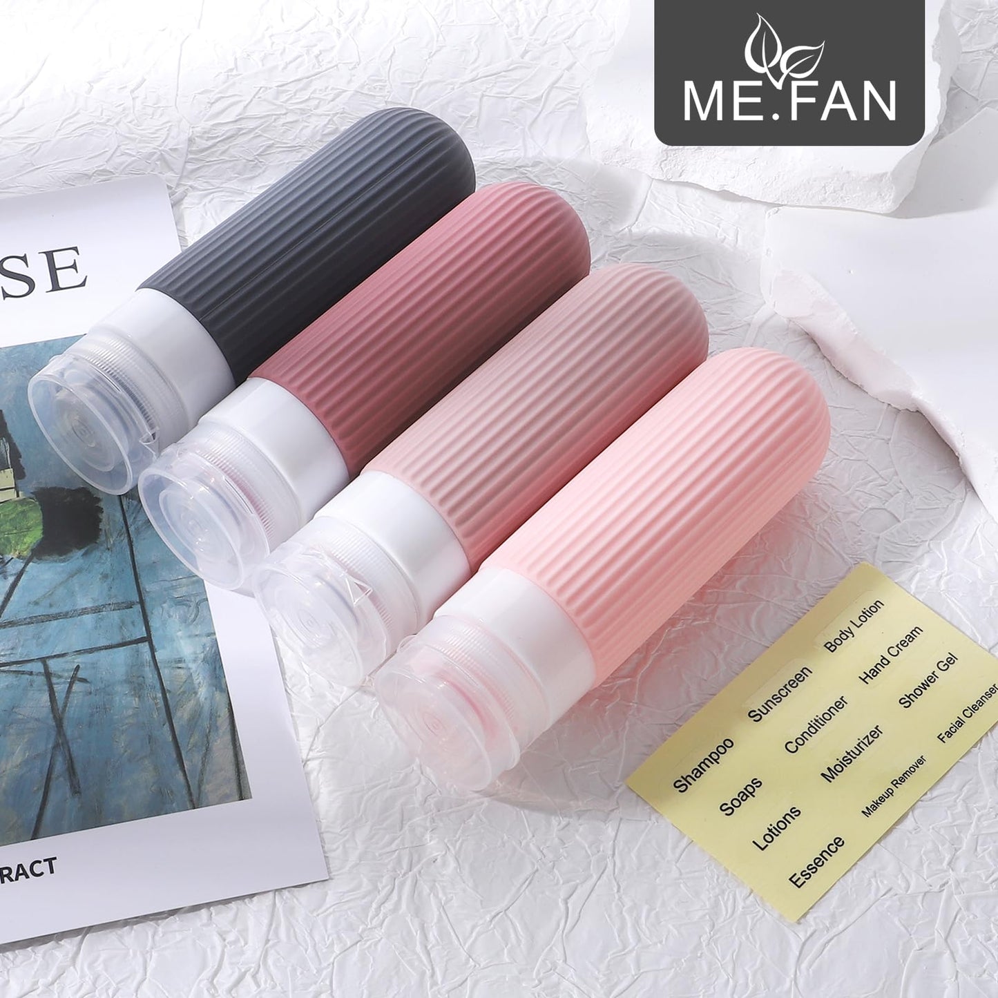 ME.FAN Travel Bottles for Toiletries, TSA Approved 3oz Silicone Journey Size Containers, Portable Split Bottle for Conditioner, Shampoo, Lotion- 4 Pack Pink
