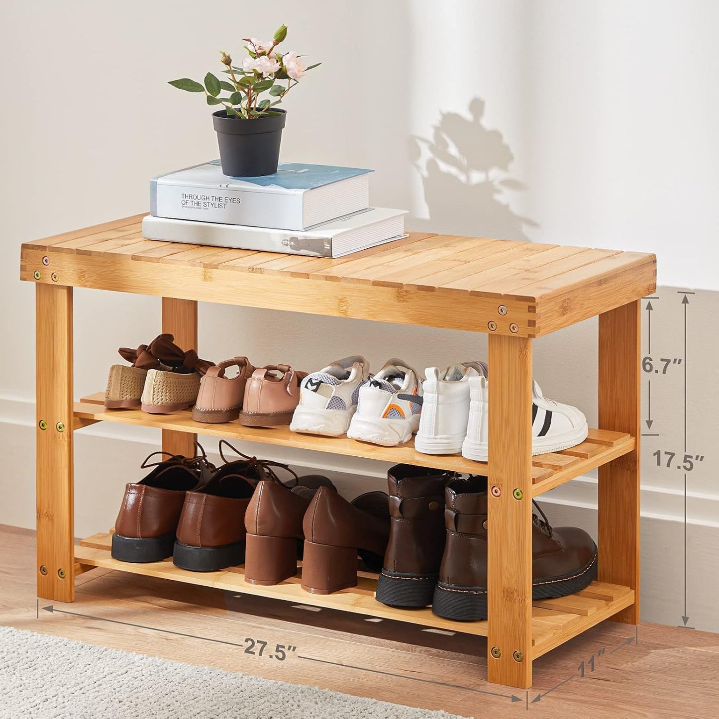 Pipishell 3-Tier Bamboo Shoe Rack Bench - Sturdy Organizer Holds Up to 300lbs | Ideal for Entryway & Living Room