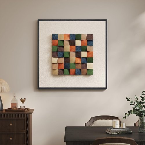 Framed 3D Textured Wood Abstract Wall Art - Boho Colorful Geometric Beige Painting | 24 x 24 Inch for Living Room, Bedroom, Office