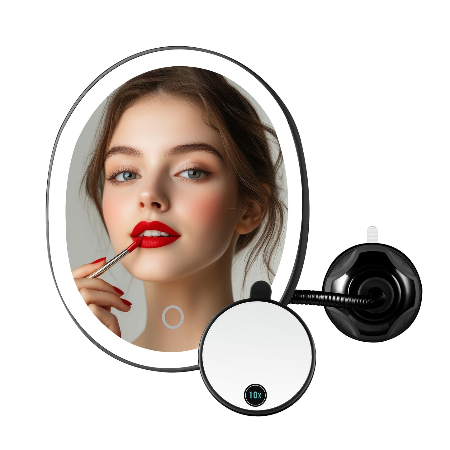 OVENTE 9'' Rechargeable Lighted Wall Mount Makeup Mirror for Bathroom with Mini Magnetic 10X Magnifying Mirror, Touch Screen Dimmable LED Lights, Flexible Gooseneck and Suction Mounting, Black MOW22B