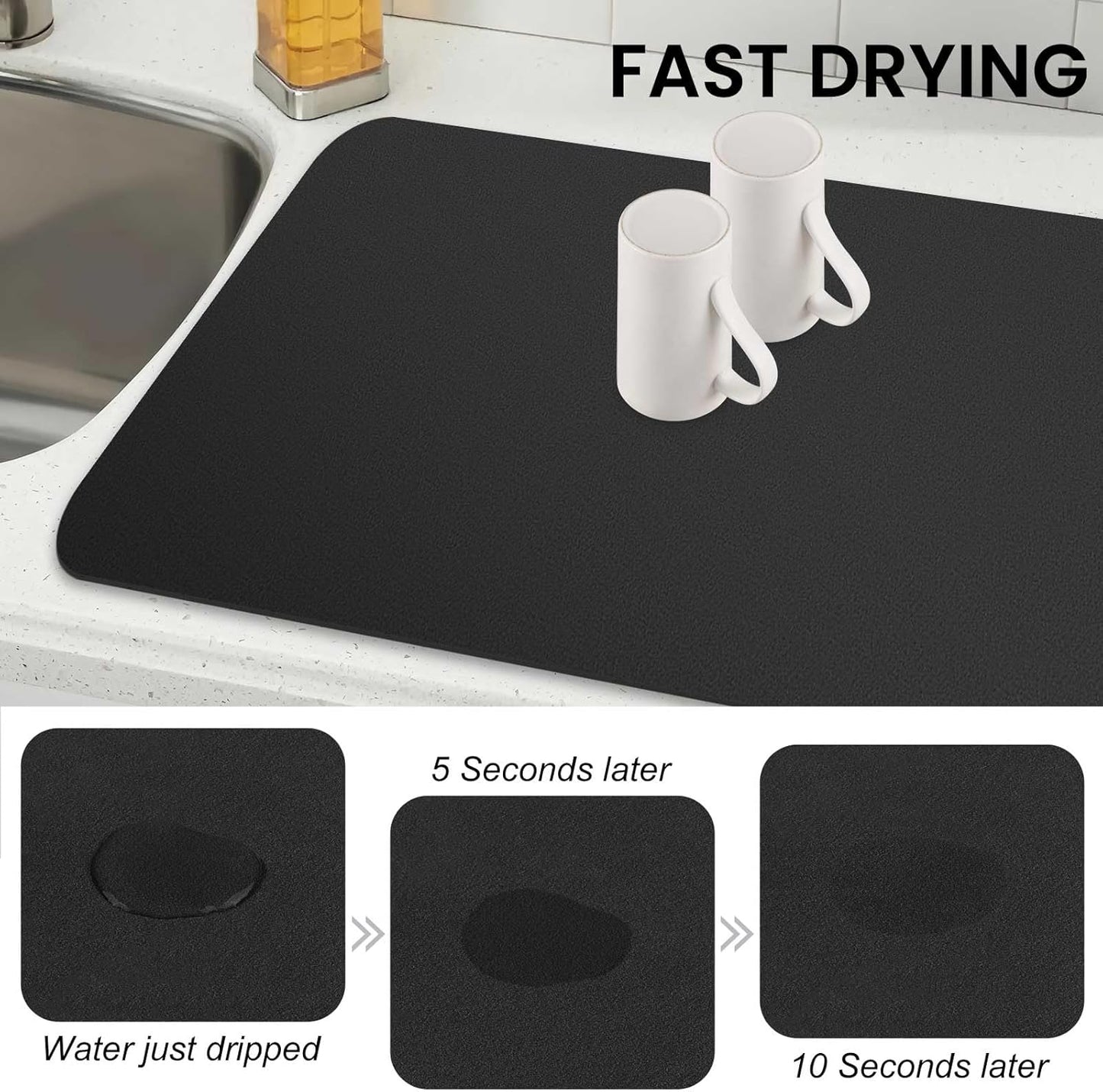 WISELIFE Dish Drying Mat - Super Absorbent Kitchen Counter Mat | Easy Clean, 18"x28", Classic Black