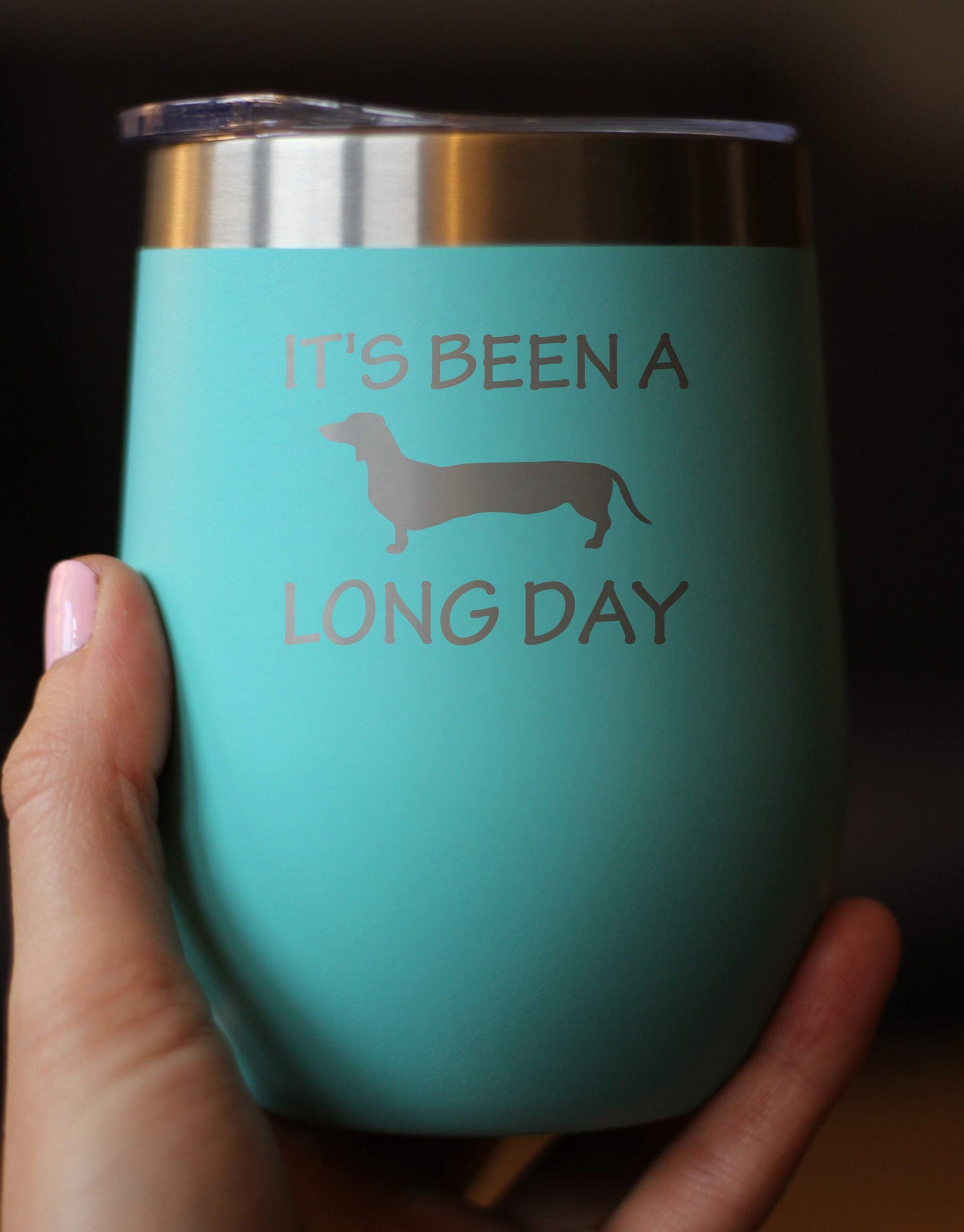 Bevvee Been a Long Day - Dachshund Wine Tumbler with Sliding Lid - Stemless Stainless Steel Insulated Cup - Cute Funny Mug for Coworkers or Boss - Teal