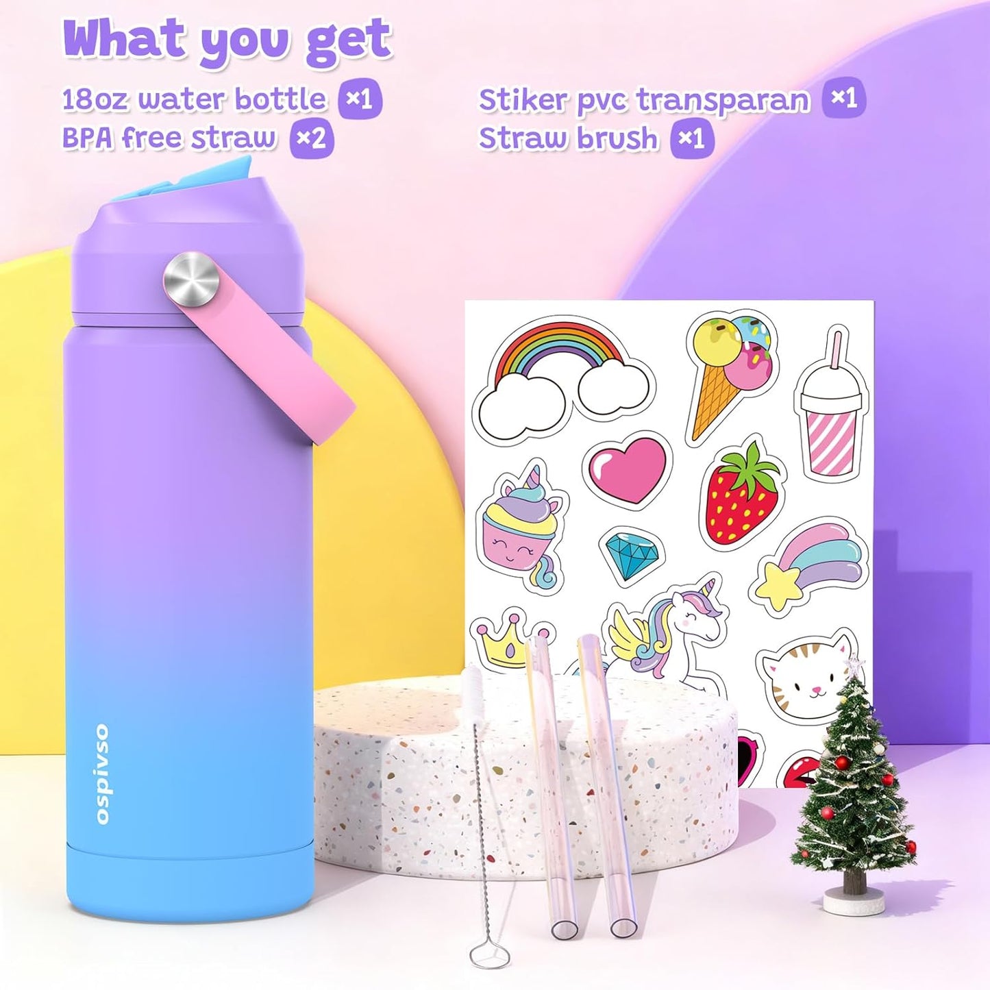 Skiennix Kids Purple Water Bottle - 18 oz Insulated Stainless Steel Cup with Straw | Leakproof Design