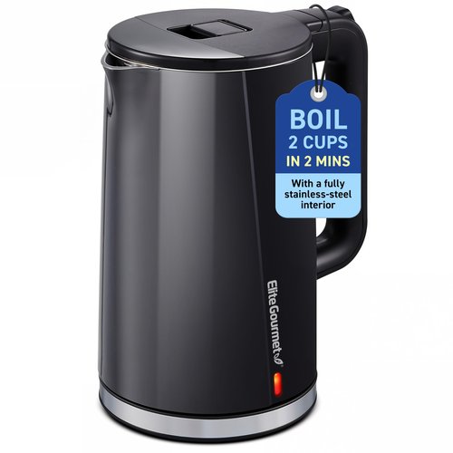 Elite Gourmet 1.7L Cool-Touch 1500W Fast Boil Electric Kettle, Fully Stainless Steel Lid & Interior BPA Free, Double Wall, Auto Shut-Off, Black