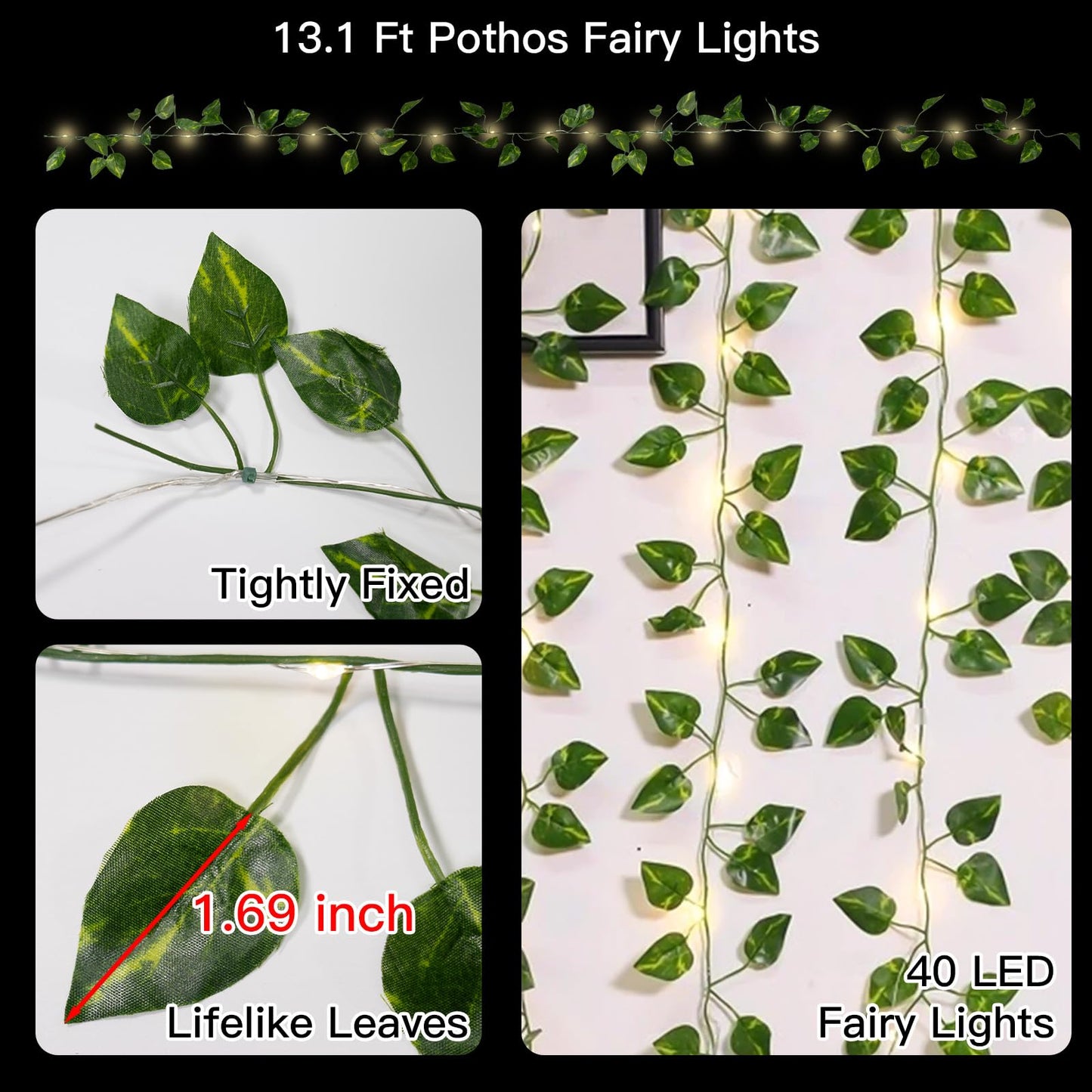 suddus Vine with Fairy Lights Battery Operated, 13.1ft 40 LED Pothos String Lights with Remote, Leaf Lights for Bedroom, Room, Wall, Garden, Party, Wedding Dorm Decor(Warm White)