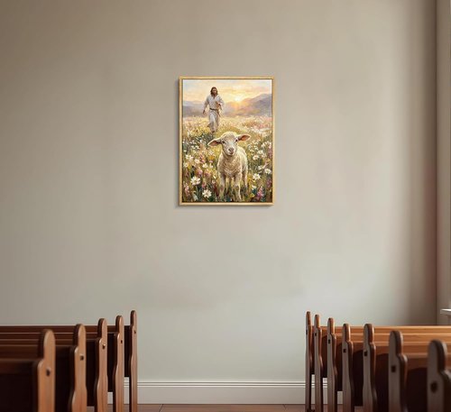 Framed Jesus and Lamb Canvas Wall Art - Inspiring Christian Decor for Bedroom or Church