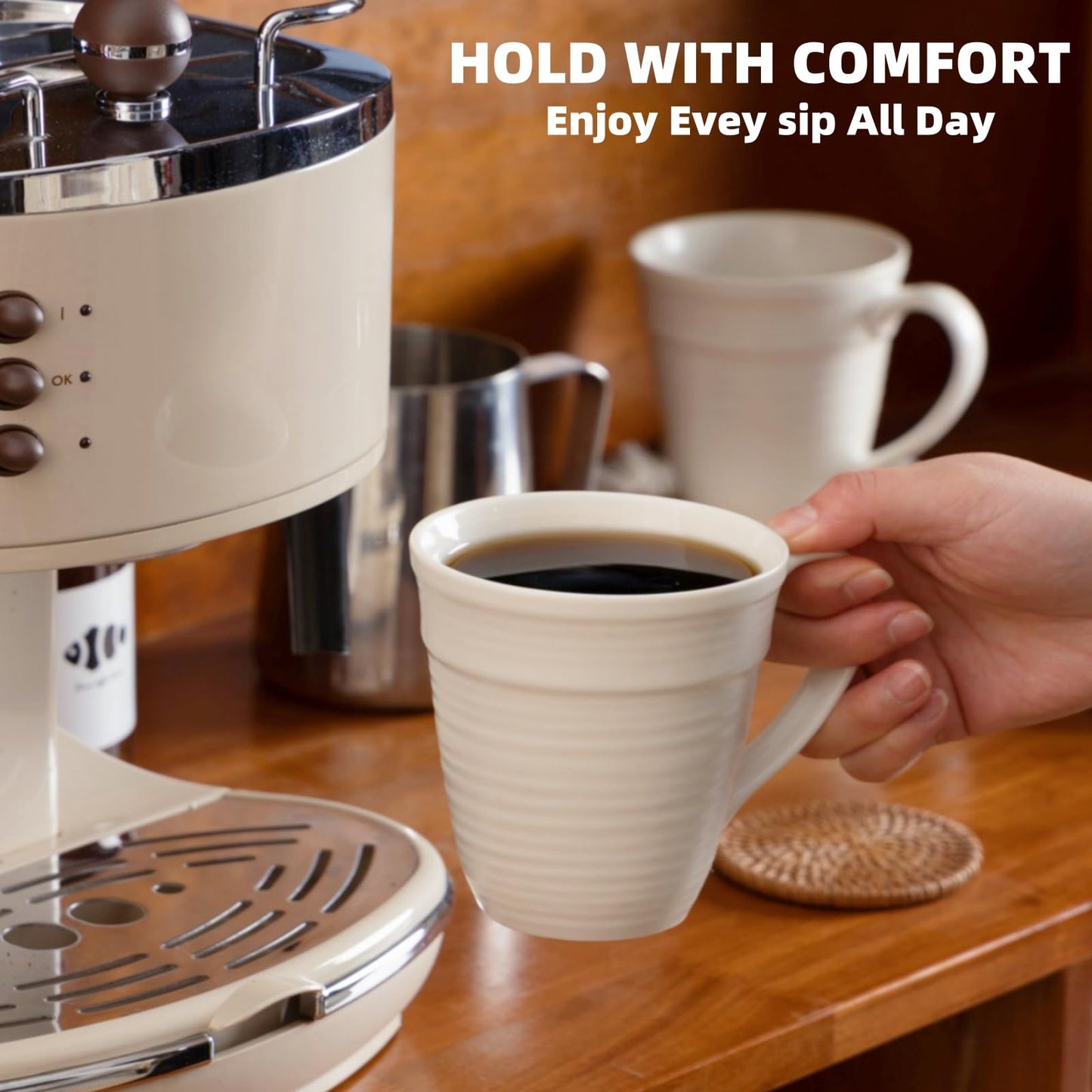 Avcylltty 12 oz Coffee Mugs Set of 4 with Comfort Handles Premium White Ceramic Coffee Mugs for Lattes, Milk, and Hot Tea, Dishwasher and Microwave Safe, Ideal Gift for Coffee Lovers