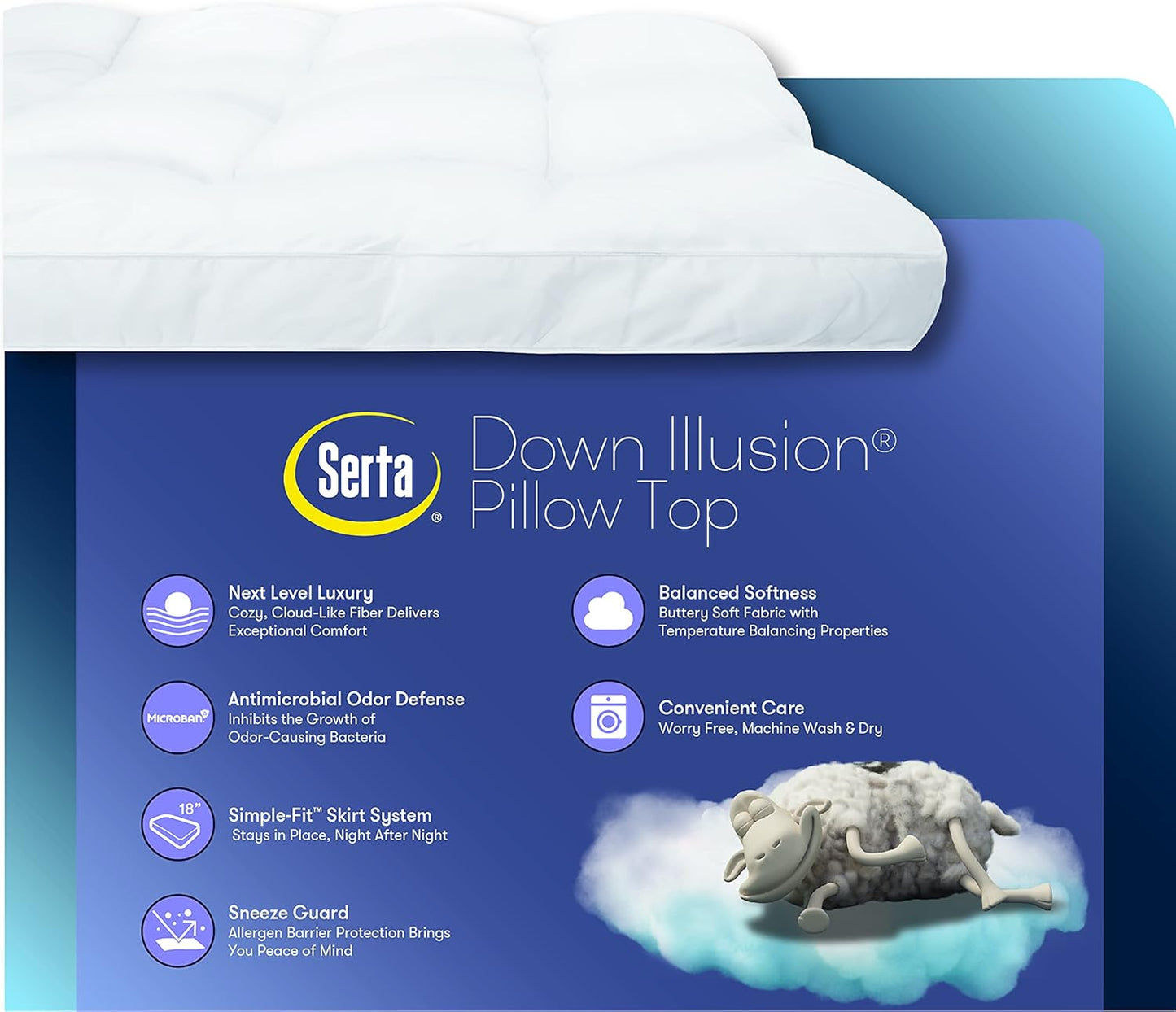 SERTA Down Illusion Soft Hypoallergenic 2 inch Pillowtop Simple Fit Mattress Topper, Twin XL, White