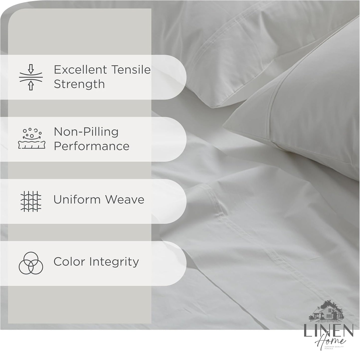 Linen Home 100% Cotton Percale Queen Sheets Set - White Deep Pocket, 4 Pieces for Crisp Comfort