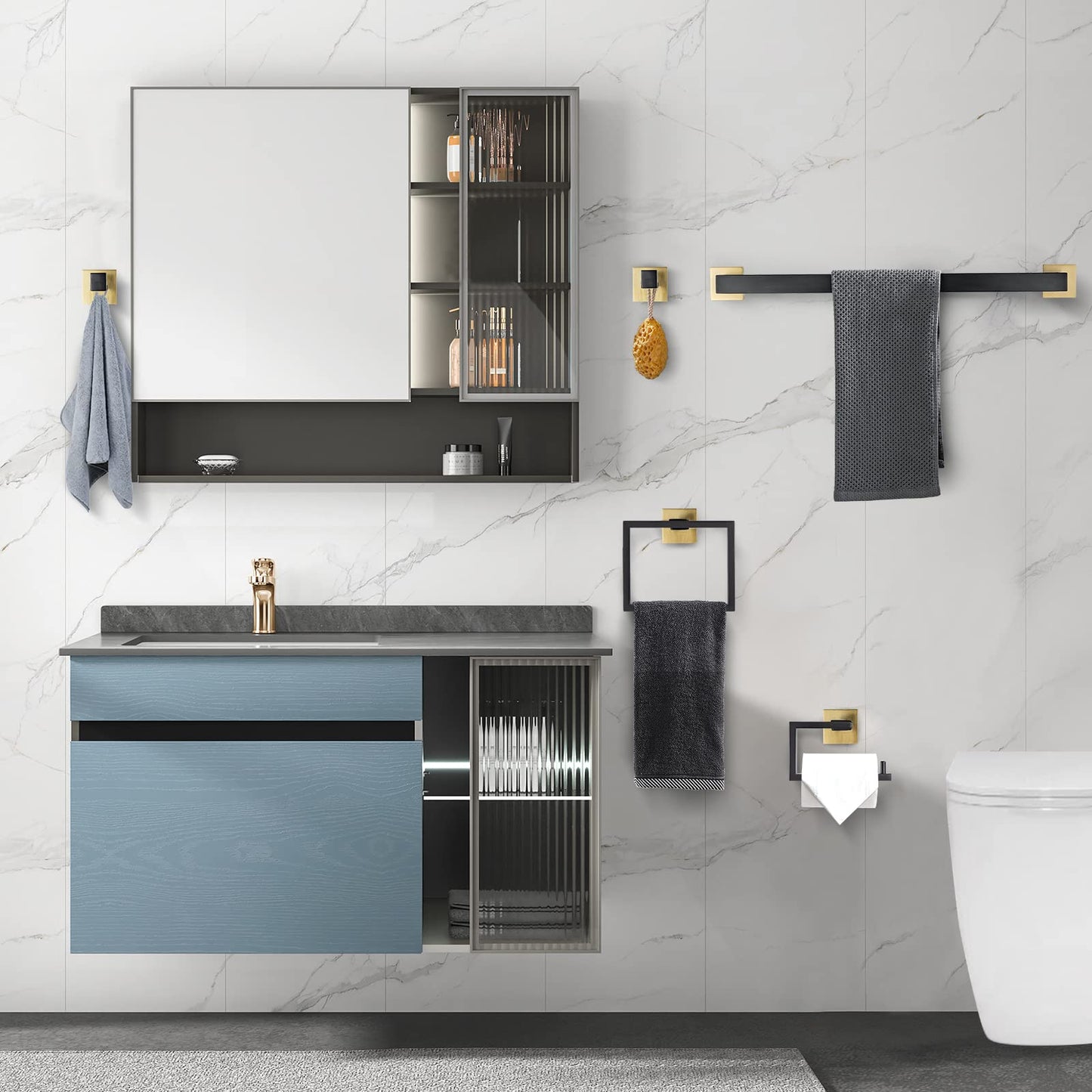 YACVCL 5 Pieces Bathroom Hardware Set, Black and Gold Towel Bar Set, 23.6 inch Towel Bar Hand Towel Holder Wall Mounted Stainless Steel