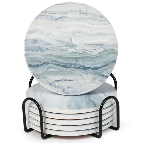 Acejoz Drink Coasters with Holder for Coffee Table, Absorbent Coasters Set of 6, Marble Style Ceramic Coaster for Wooden Table, Suitable for Kinds of Cups, Home Decor, 4 Inches(Blue)