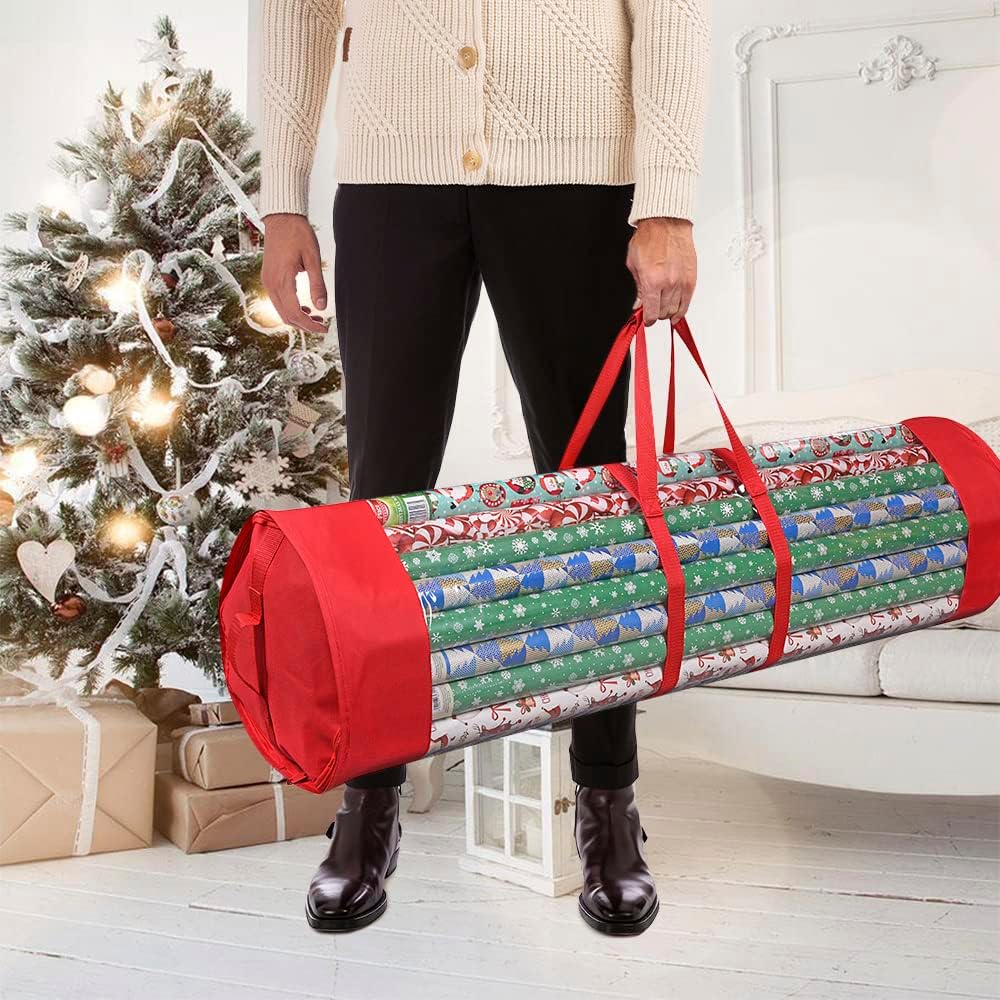 ProPik Gift Wrap Organizer - Heavy-Duty Wrapping Paper Storage Bag Holds 24 Rolls | 40-Inch Red & Clear