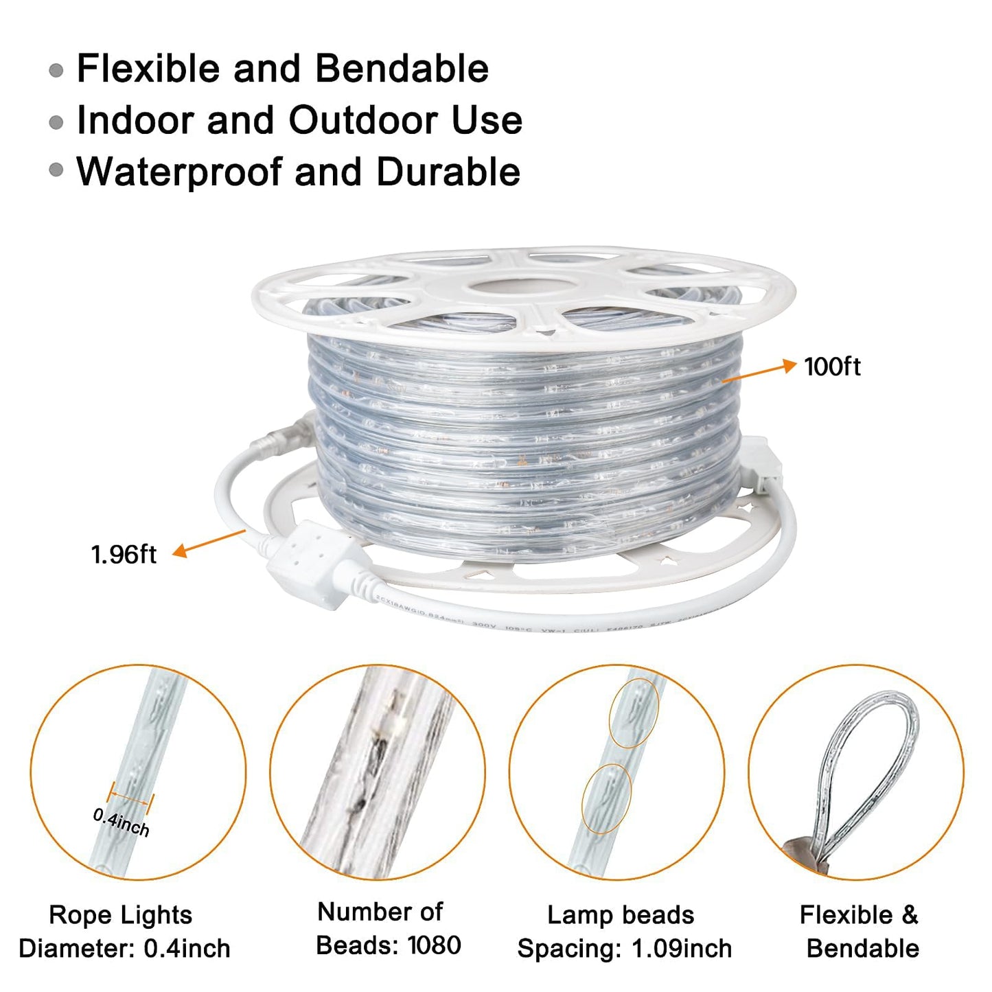 SURNIE LED Rope Lights Outdoor Warm White, Waterproof 100FT Cuttable 3000K Soft Lighting Indoor 110V Connectable Flexible Clear Tube for Bedroom Outside Garden Deck Patio Camping Decor, Not Flat Strip