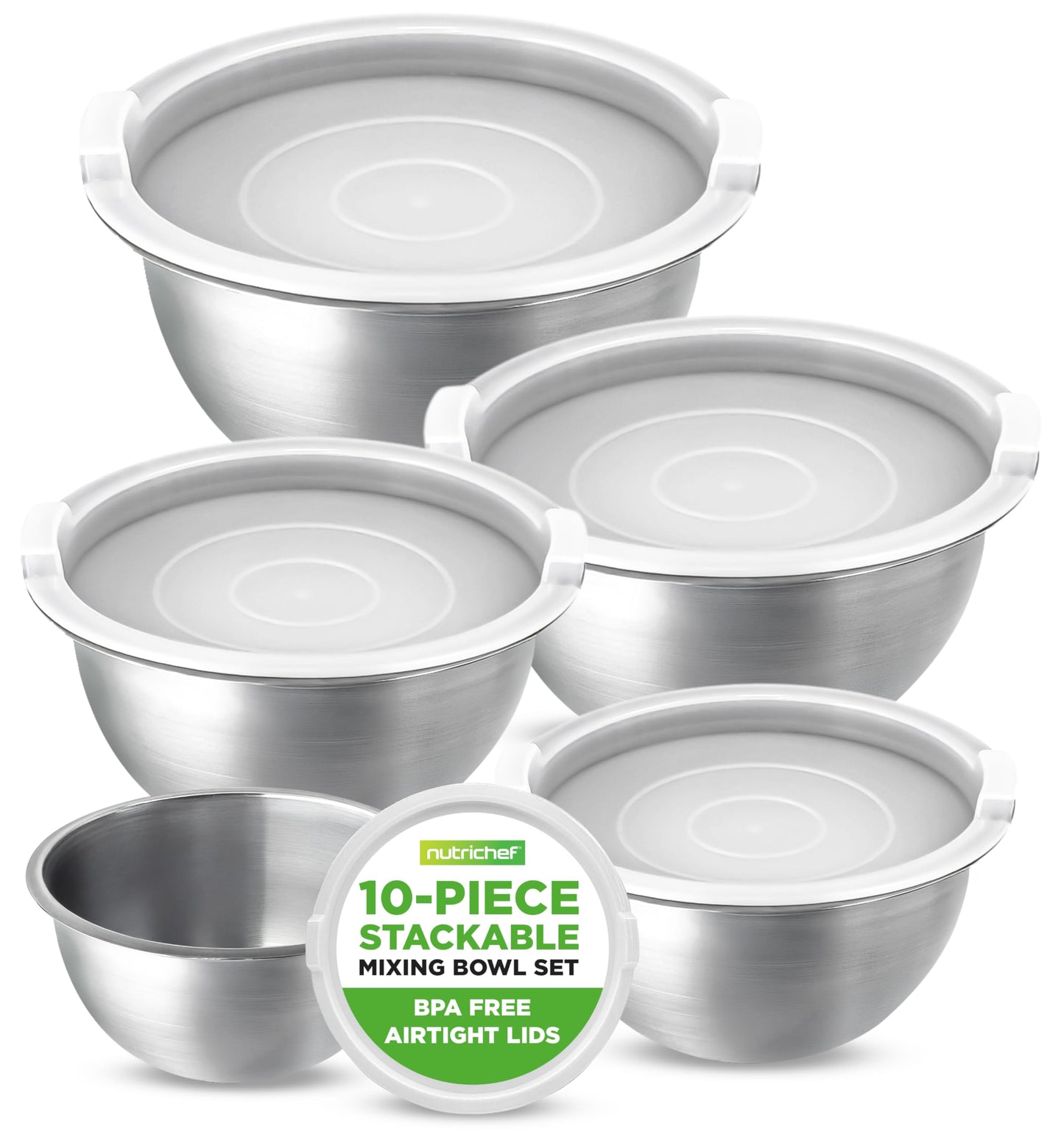 NutriChef 10 Piece Stainless Steel Mixing Bowls with Lids Set, Dishwasher Safe, 5 Stackable Nesting Bowls and 5 BPA-Free Lids for Kitchen, Cooking, Food Storage, Meal Prepping, Mixing & Serving