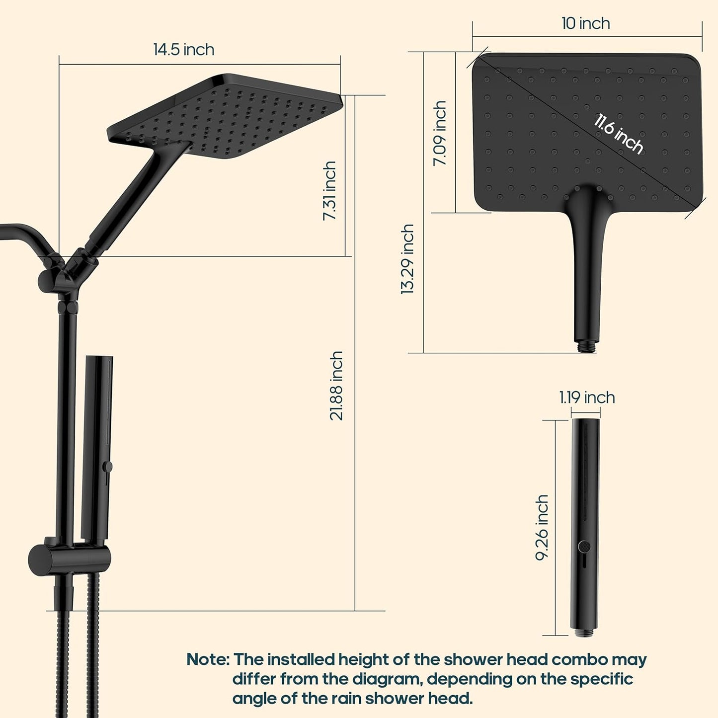 Skiennix High Pressure Rain Shower Head - 10 Inch Square Rainfall Combo with Handheld, 3 Spray Modes, Matte Black