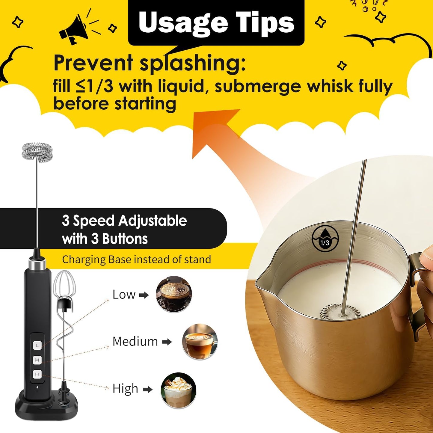 Skiennix Rechargeable Milk Frother - Handheld Mini Mixer with 3 Detachable Whisks & Charging Base