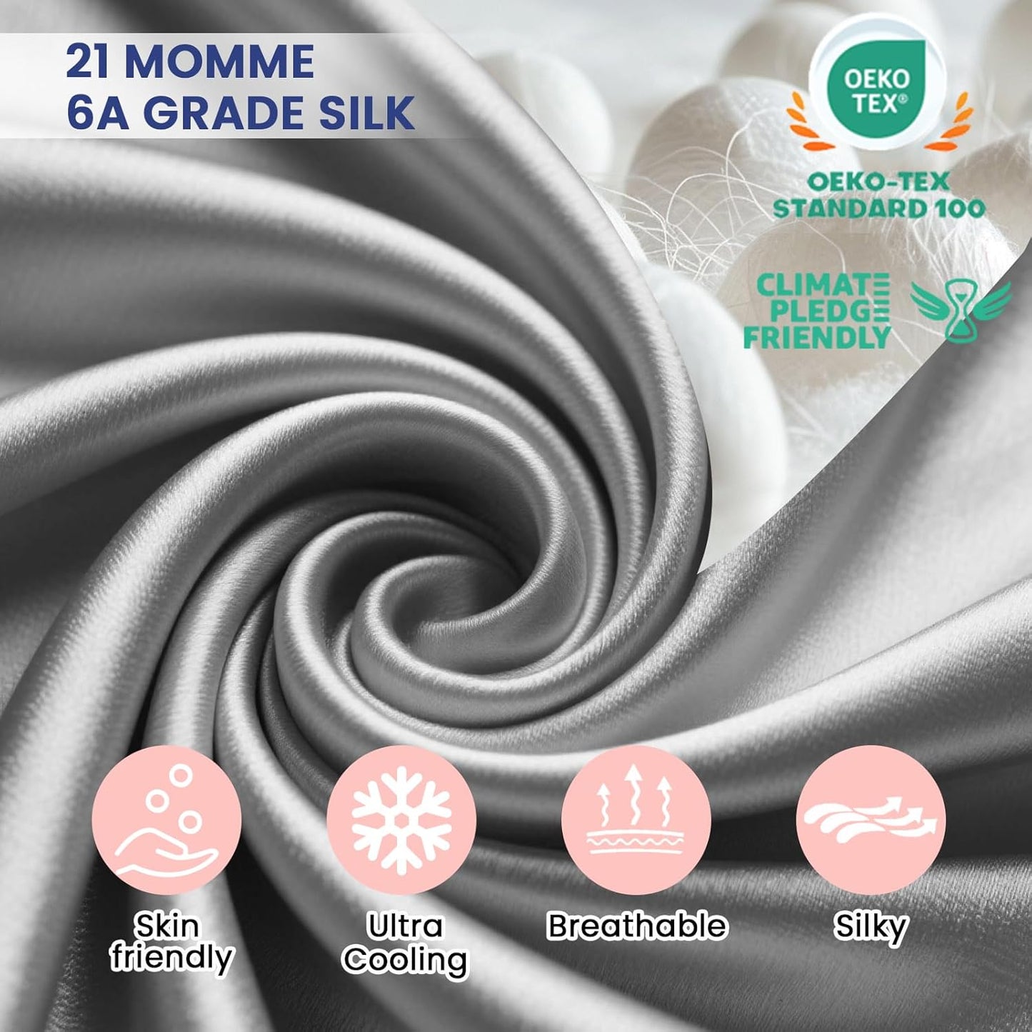 Ravmix 100% Silk Pillowcase - 21 Momme Mulberry Silk for Hair & Skin Health | Soft & Breathable, Queen 20"x30", Space Grey