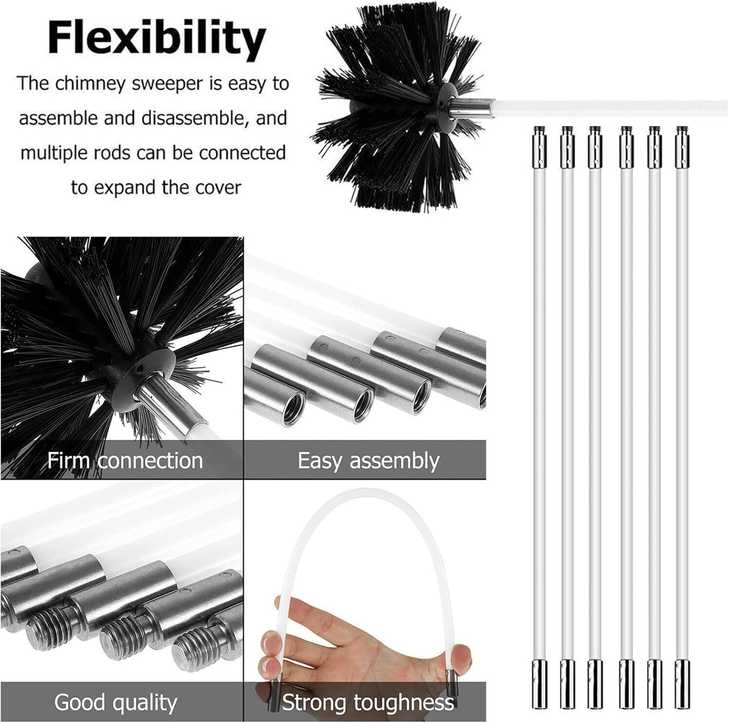 ZDHQLHJ Chimney Brush Cleaning Kit - 15 Pieces with 12 Flexible Nylon Rods for Efficient Fireplace & Duct Cleaning