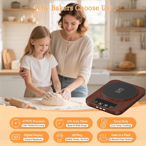 JawJuly Sourdough Starter Warmer (70-100°F), 1°F Adjustable Sourdough Warming Mat, Waterproof Thermometer Strip, 24H Timer & Auto Shutoff, Safe for Home Bakers & Beginners (US Plug) - Wood Grain