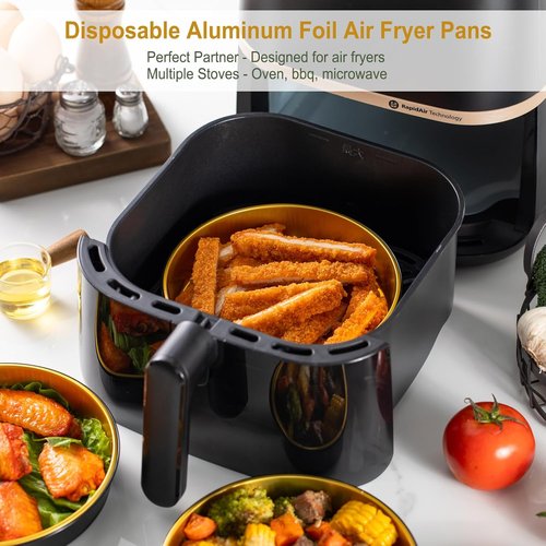 Air Fryer Foil Liners by [Brand Name] - 20 Pack 7-Inch Round Disposable Aluminum Pans | High-Heat Safe, Food-Grade Black & Gold