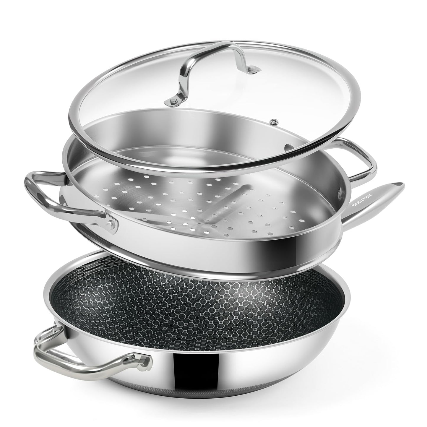SLOTTET Hybrid 12-Inch Wok with Steamer,Nonstick Stainless Steel Woks & Stir-fry pans with Lid,Stay-Cool Handle,PFOA Free Cookware,Dishwasher and Oven Safe, Works on Induction